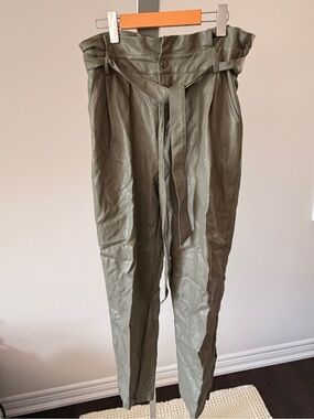 Gilli Olive Green Paperbag Vegan Leather Pants With Tie Belt